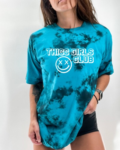 Salty Savage Unisex “THICC GIRLS CLUB" Oversized Tie Dye Crew Tee | Large / Blue/Black Tie Dye