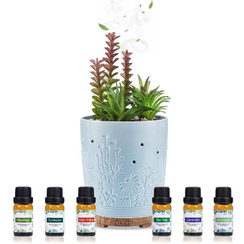 Diffusers for Essential Oils,Succulent Plants Potted Essential Oil for Diffuser for Home Office Bedroom,Ceramic Cool Mist Quiet Aromatherapy Diffuser with Auto Shut-Off and 7 Colors LED Light - Ceramic Plants Diffuser-blue
