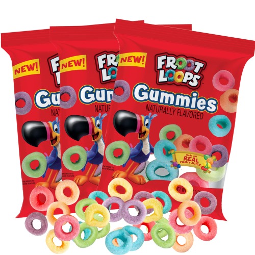Galerie Froot Loops Gummies, Assorted Real Fruit Juice Flavored Gummy Candy Bags, Cute Easter Basket Stuffer Candies for Boys or Girls, Pack of 3