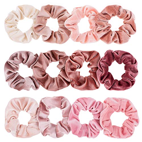 Whaline 12Pcs Blush Theme Scrunchies Velvet Elastics for Women Pink Bobbles Soft Lovers Scrunchy Classic Thick Hair Bands Ties Gifts for Teenage Girls - Blush Color - 12 Count (Pack of 1)