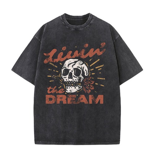 Living the Dream Skull Short Sleeve T-shirt - Black / 3XL (Bust 120 cm)