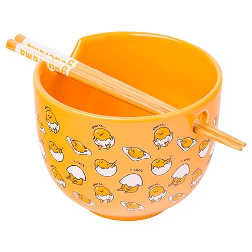 Silver Buffalo Sanrio Hello Kitty and Friends Keroppi Foodie Icons Ceramic Ramen Noodle Rice Bowl with Chopsticks, Microwave Safe, 20 Ounces - I can't Lazy Yellow Egg