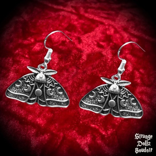 Lunar Moth earrings, 925 sterling silver, Moonphase Celestial Witchy Gothic, Strange Dollz Boudoir - Classic hooks 925 sterling silver