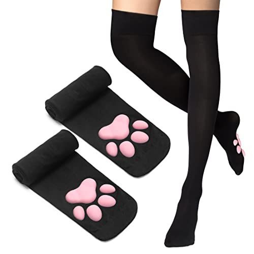 FreeNFond Cat Paw Pad Socks Thigh High Socks Pink Cute 3D Kitten Claw Stockings for Women Girls Cosplay - H - Black