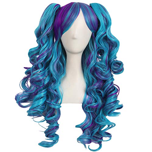 MapofBeauty Multi-color Lolita Long Curly Clip on Ponytails Cosplay Wig (Dark Purple/Cyan Blue) - Dark Purple/Cyan Blue