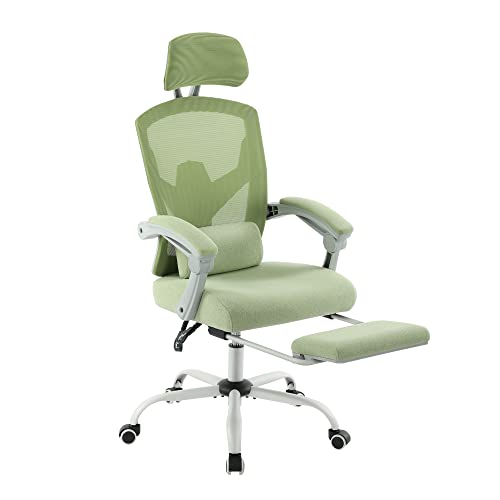 AFO Ergonomic Office Chair, High Back Office Chair with Lumbar Pillow and Retractable Footrest, Mesh Office Chair with Padded Armrests and Adjustable Headrest, Height Adjustable, Green (WY-9053-GN) - Green