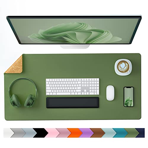 Aothia Office Desk Pad, Natural Cork & PU Leather Dual Side Large Mouse Pad, Laptop Desk Table Protector Writing Mat Easy Clean Waterproof for Office Work/Home/Decor (Olive Green,31.5" x 15.7") - 31.5" x 15.7" - Olive Green