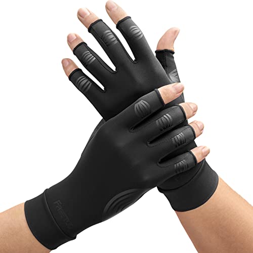 FREETOO Copper Arthritis Gloves for Carpal Tunnel Pain Relief, Strengthen Compression Gloves to Alleviate Hand Pains,Swelling, Fingerless Computer Typing Gloves for Rheumatoid, Tendonitis Women/Men-L - Black - large