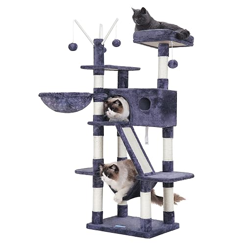 Hey-brother Cat Tree, 61 inch Cat Tower for Indoor Cats, Cat House with Padded Platform Bed, Toy Balls, Large Cozy Condo, Hammocks and Sisal Scratching Posts, Smoky Gray MPJ019G - 61 Inch - Smoky Gray