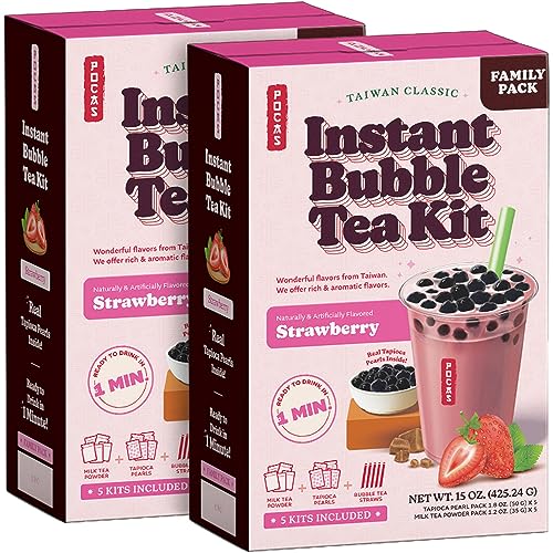 Pocas Bubble Tea Kit, Strawberry - Instant Milk Tea Powder with Authentic Tapioca Pearls for Instant Bubble Tea, 5 Kits Per Carton, 15 Oz Ea (Pack of 2)  - Strawberry