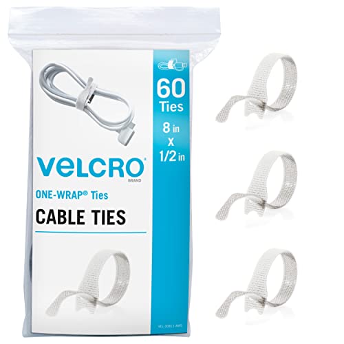 VELCRO Brand White Cable Ties Heavy Duty | 60Pc Bulk Pack | 8 x 1/2" ONE-WRAP Straps | Strong Reusable Wire Management | Cord Bundling for Home Office and Data Centers (Packaging May Vary) - White - Heavy Duty - Cable Ties