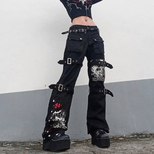 'Deadly Demon' Black Baggy Buckle Cargo Pants - Black / L