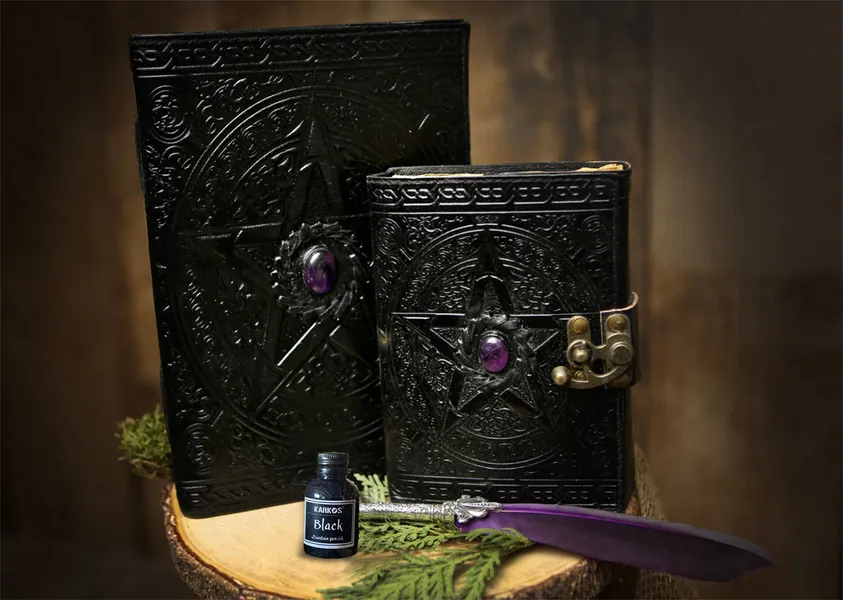 Book of Shadows Grimoire Amethyst Stone Vintage Leather Journal Magick with Feather Calligraphy Pen Option
