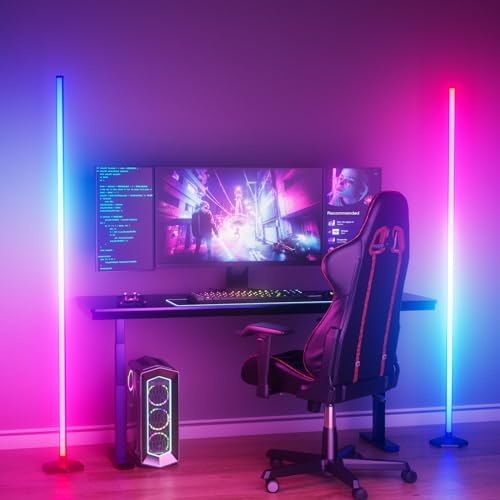 2PCS Corner Floor Lamp, 65" RGB Color Changing Mood Light with Remote Control, Dimmable LED Corner Lamp with Music Sync, Modern Floor Lamp for Living Room Gaming Room - Black-2PC