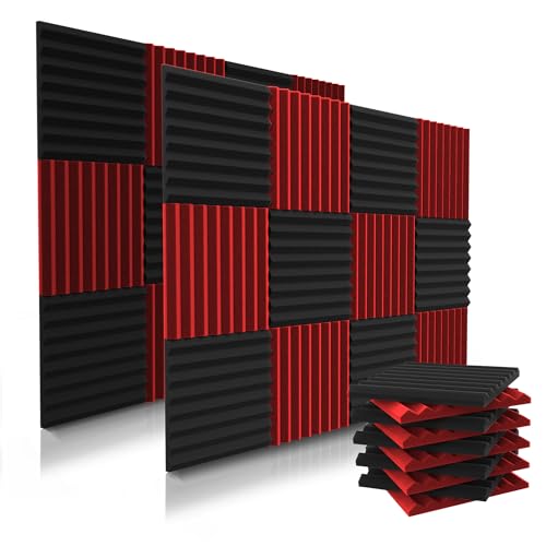 52 Pack Acoustic Panels 1 X 12 X 12 Inches - Acoustic Foam - Studio Foam Wedges - High Density Panels - Soundproof Wedges - Black/Red - 52 - Black/Red
