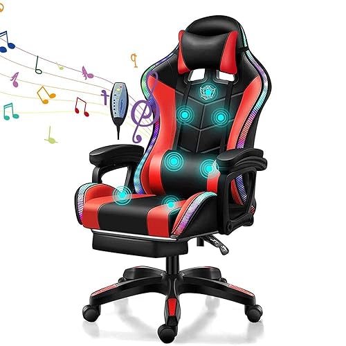 FZYUAN Video Gaming Chairs with LED Light, Ergonomic Gaming Chair with Massage Lumbar Support and Bluetooth Speakers, Computer Chair with Retractible Footrest and Backrest Adjustable,Red - Red
