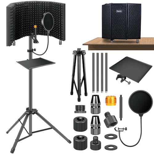 Dmsky Microphone Isolation Shield with Pop Filter & Tripod Stand, Foldable Mic Shield with Triple Sound Insulation, High Density Mic Sound Shield for Recording Studio, Podcasts, Singing, Broadcasting - Stand-L