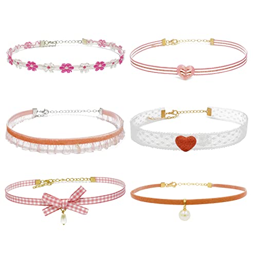 Nova&Aria Chokers Set For Women Heart Choker Necklaces Flower Pendant Velvet Cute Pink Turquoise Blue White Black Choker Necklace Christmas Colorful Lace Chokers For Teen Girl - Pink A