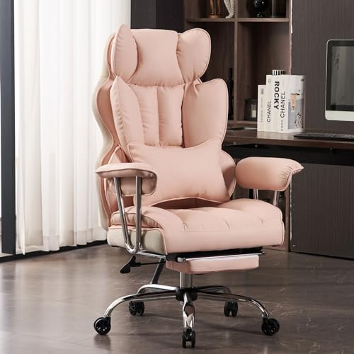 Efomao Desk Office Chair,Big High Back Chair, PU Leather Office Chair, Computer Chair, Executive Office Chair, Swivel Chair with Leg Rest and Lumbar Support, Light Purple Office Chair - Light Pink