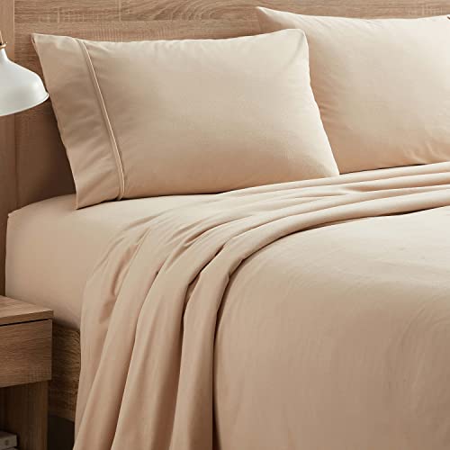 Flannel Sheets Warm and Cozy Deep Pocket Breathable All Season Bedding Set with Fitted, Flat and Pillowcases, Queen, Beige - Navy Queen