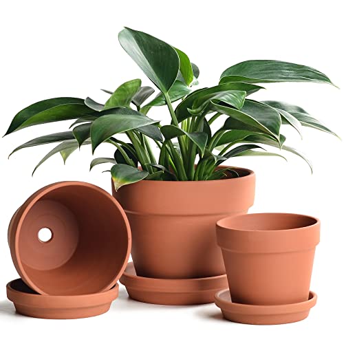 INGOFIN Terracotta Pots Set with Saucer - 5/6/7 inch Ceramic Clay Planters with Drainage Hole, Garden Flower Succulent Pots with Tray for Indoor Outdoor Plants, Set of 3 - 5/6/7 inch