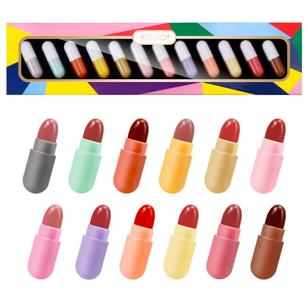 KISSIO Lipstick,Lipstick Set 12 Colors,Mini Matte Lipstick,Lip Capsules,Waterproof Long Lasting Mini Capsules Lipstick,2.33 Oz