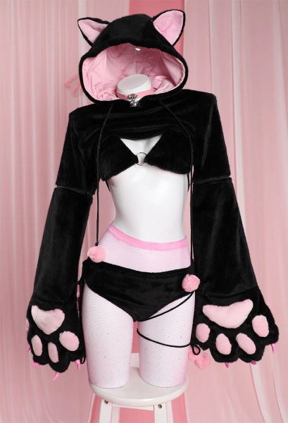 Furry Paw Sexy Lingerie Set Kawaii Plush Black Cat Style Paw Gloves Hoodie Top and Bra Panty Set