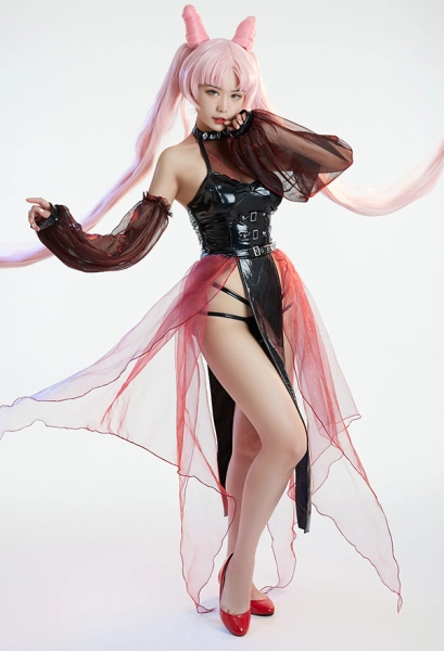 Chibiusa Black Lady Derivative Sexy Lingerie Halter Dress and Tulle Skirt with Sleeves and Thong