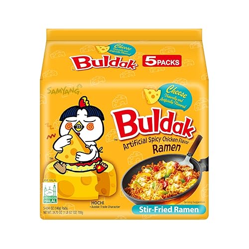 Samyang Buldak Cheese Spicy Hot Chicken Stir-Fried Noodles 4.94oz (Pack of 5) - Buldak Cheese,Hot - 140 g (Pack of 5)