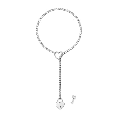 Heart O-ring Slip Chain Choker Necklace for Women Stainless Steel Cuban Chain Heart Necklace Punk Rock Collar Necklace Adjustable Lariat Y Necklace for Men - Silver Lock