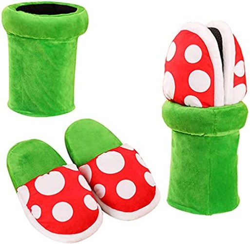 Piranha Plants Plush Slippers Suit Winter Home Wear Cannibal Flower Slippers with Green Warp Pipe Plush for Women Men