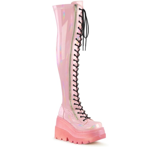 SHAKER-374-1 Sexy Thigh High Boots - 8 / B. Pink Hologram Stretch Patent / 4.5