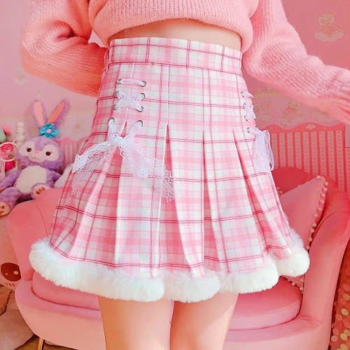 Candy Colored Pink Plaid Lolita Skirt with Fur-Lined Trim - M / Pink