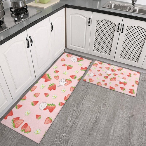 Brilbcu Strawberry Cat Kitchen Mats Set 2 Piece Pink Strawberry cat Decorative Rugs for Kitchen Low-Profile Strawberry Cat Floor Mats - White-3 One Size