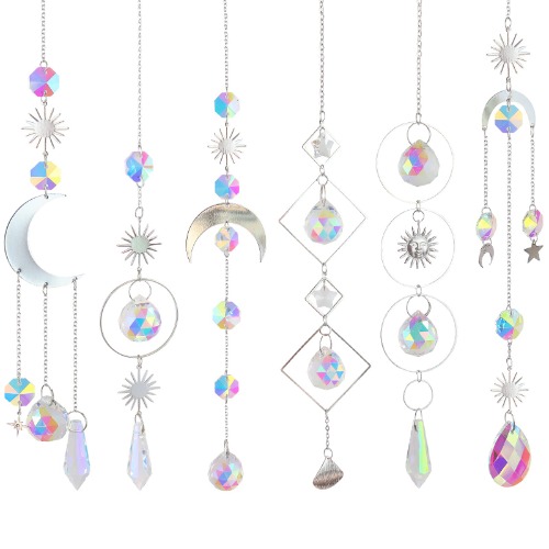 6Pieces Crystal Suncatchers for Window Hanging Sun Catcher with Chain Rainbow Maker Crystal Prisms Decor for Home Garden Party Wedding Ornament Gift Mother Daughter - Silver