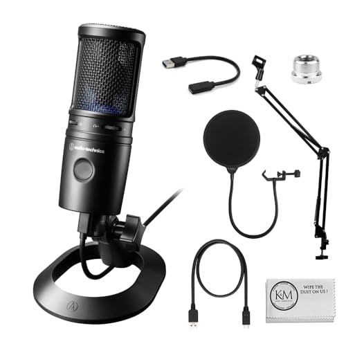 Audio-Technica AT2020USB-X Cardioid Condenser USB Microphone with Microphone Arm + Wind Screen Pop Filter + Cleaning Cloth (4 Items) - USB Microphone + Arm & Pop Filter