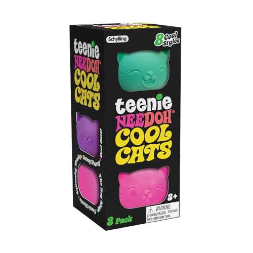 Schylling Teenie NeeDoh Cool Cats (3 Pack) - Mini Squishy Animals Fidget Toys, 8 Assorted Colours & Styles, Nee Doh Stress Balls For Anxiety Relief, Safe & Non-Toxic Dough; 3 Year Olds +