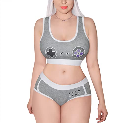 LittleForBig Women Cotton Camisole and Panties Sports Loungewear Bralette Set - Let's Play Gamer Girl - Grey - 3XL