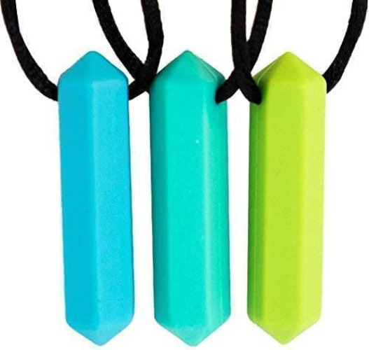 Tilcare Chew Chew Crayon Sensory Necklace Set – Best for Autism, Biting and Teething Kids – Perfectly Textured Silicone Chewy Toy - Chewing Pendant for Boys & Girls - Chew Necklaces - blue / turquoise / green