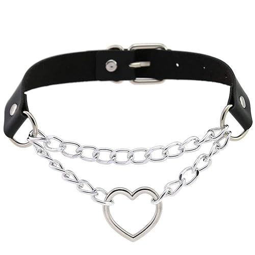 Leather Choker Collar Necklace, Heart Shape Gothic Punk Rock Choker Necklace Collars - Heart Chain