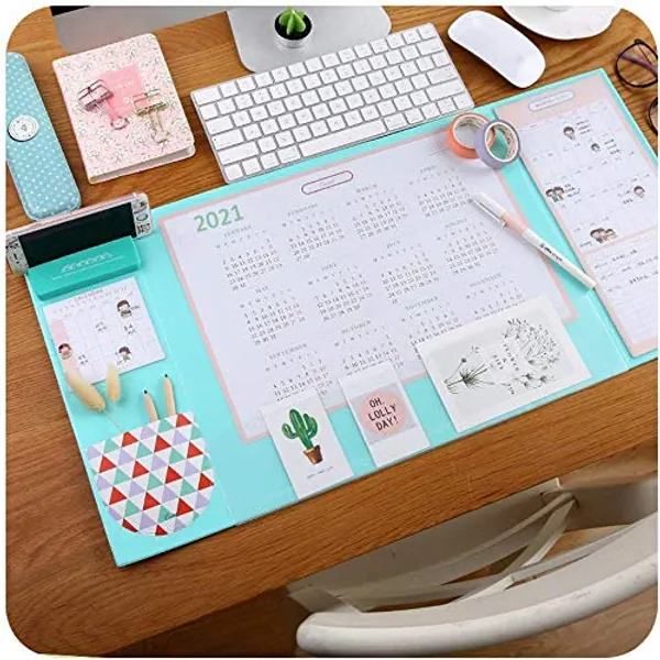 Large Size Mouse pad Anti-Slip Desk Mouse Mat Waterproof Desk Protector Mat with Smartphone Stand, Pockets, Dividing Rule, Calendar and Pen Groove (Mint)