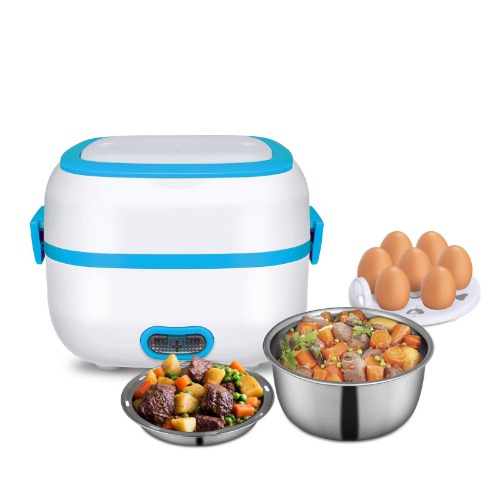 Electric Lunch Box, 3 In 1 Food Heater/Cooker/Steamer with Stainless Steel Bowls, Egg Steaming Tray, Spoon, Measuring Cup for Office, School, Travel - Blue