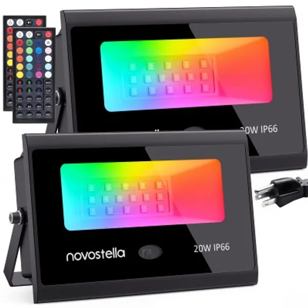 novostella 2 Pack 20W RGB LED Flood Light, 44 Keys Controller, 20 Colors 6 Modes, Dimmable Color Changing Floodlight, IP66 Waterproof, Wall Washer Lights, Outdoor Garden Stage Landscape Lighting