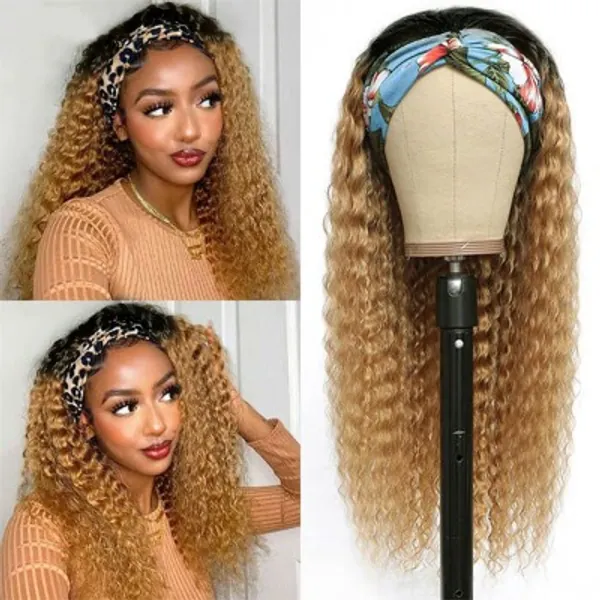 Ombre Human Hair Wigs Curly Non Lace Front Wigs Unprocessed Virgin Hair for Black Women Glueless Deep Wave 2 Tones Colored Headband Wigs Honey Blonde Full Machine Made Wig with Black Roots 18”