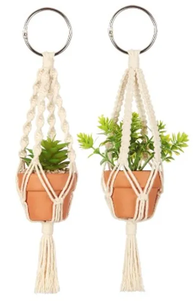Mkono Mini Macrame Plant Car Accessories Rear View Mirrior Charm Cute Hanging Rearview Car Decor Boho Hanger with Artificial Succulent Plants Gifts for Plant Lover Set of 2, Red