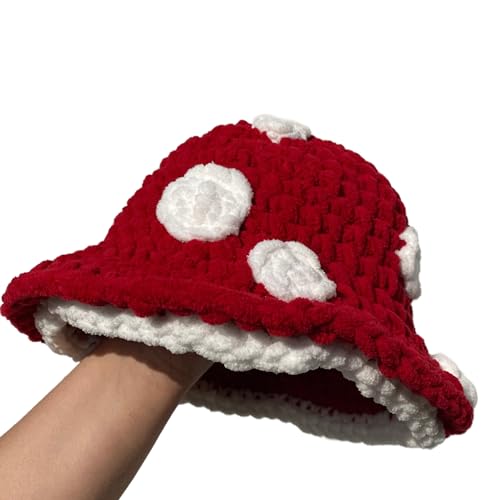 hafhef Mushroom Hat, Handmade Crochet Puffy Mushroom Bucket Hat Costume, Cute Hat for Halloween, Theme Party, Cosplay - Red