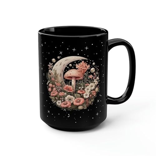 Mushroom Floral Moon Coffee Mug, Mystical Cottagecore Aesthetic Moon Phase, Mug 11 oz