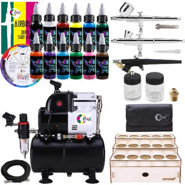 OPHIR Professional 3X Airbrush Kit & 3L Air Compressor Tank with 12 Colors Set Acrylic Paint, Colorwheel & Wooden Paint Rack for Model Hobby Crafts Painting