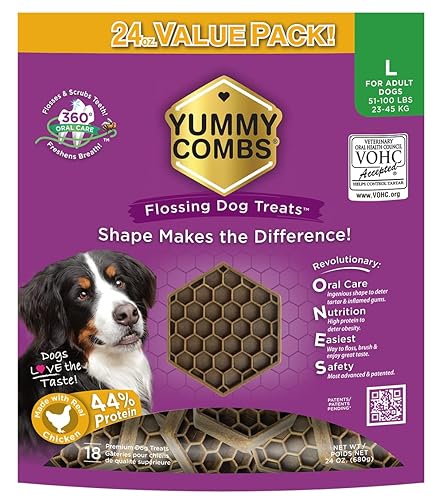 Yummy Combs Dog Dental Treats – Vet VOHC Approved – Delicious Chicken Protein – Removes Tartar with Cleaning Comb Shape – Dental Dog Treats for Large Dogs (24oz, 18 Count) - Large - 24 Ounce