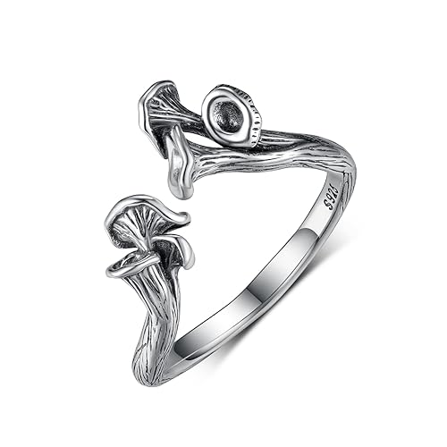 TYSO Chanterelle Mushroom Rings For Women Sterling Silver Vintage Cute Adjustable Open Wrap Ring Jewelry - 7